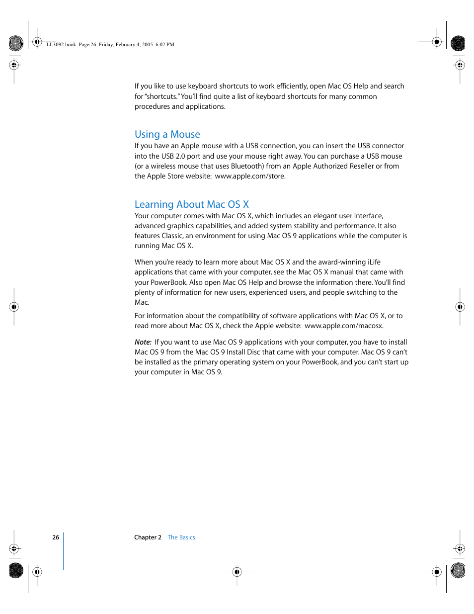 Using a mouse, Learning about mac os x, Mac os x 26 | Mouse 26 | Apple PowerBook G4 (15-inch, 1.67/1.5 GHz) User Manual | Page 27 / 112