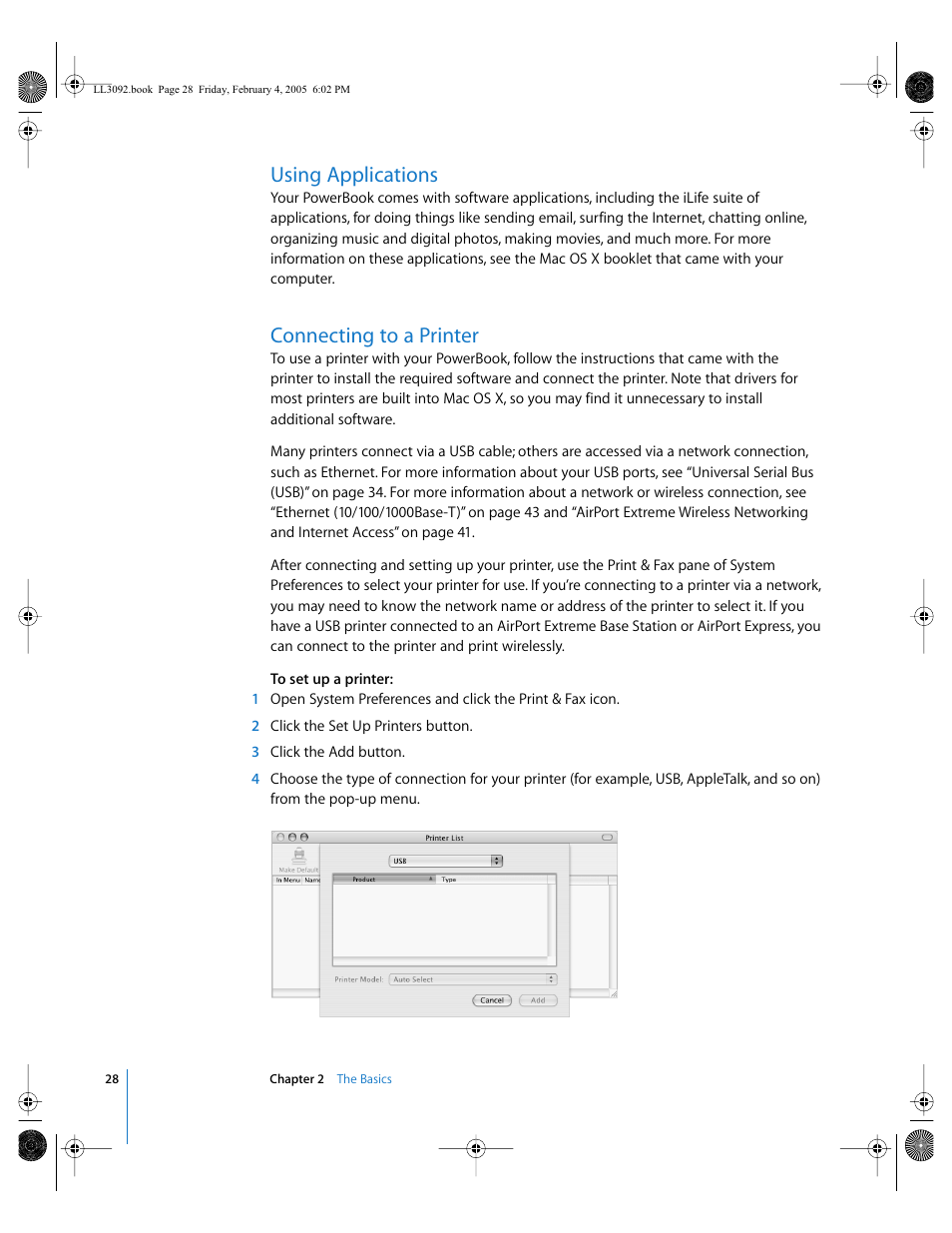 Using applications, Connecting to a printer, A printer 28 | Print & fax preferences 28 printing 28, Setup 28, Setting up a printer 28 | Apple PowerBook G4 (15-inch, 1.67/1.5 GHz) User Manual | Page 29 / 112