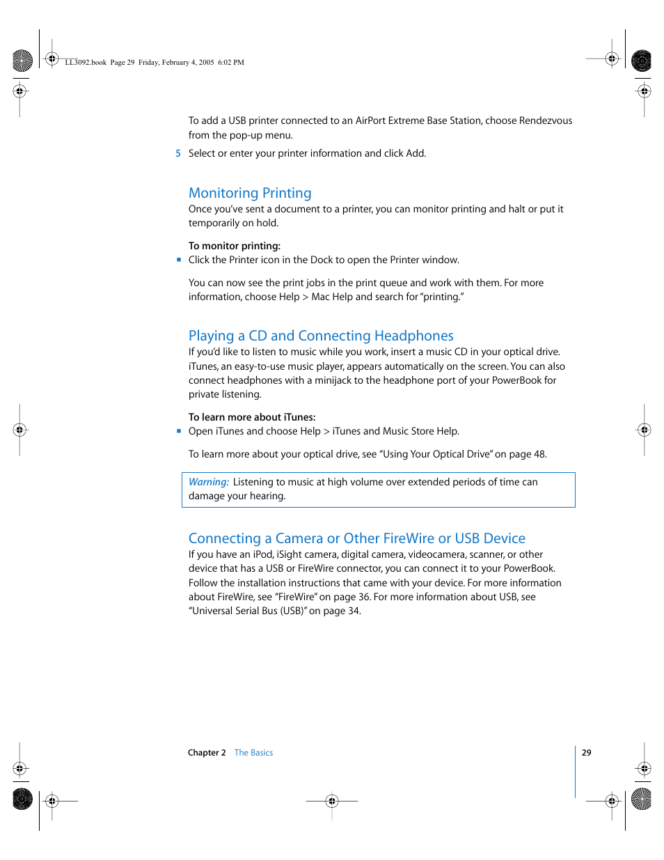 Monitoring printing, Playing a cd and connecting headphones | Apple PowerBook G4 (15-inch, 1.67/1.5 GHz) User Manual | Page 30 / 112
