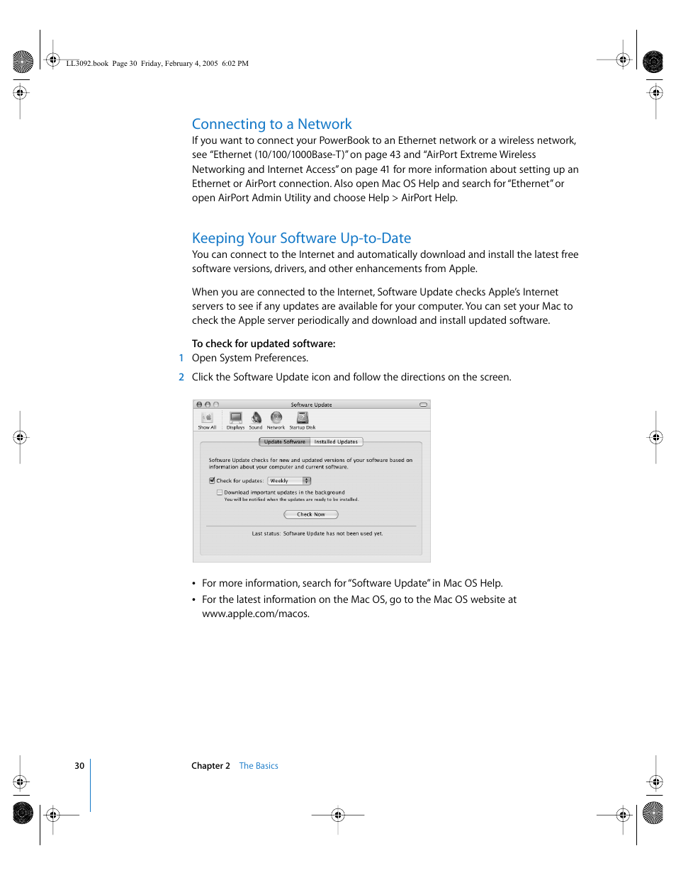 Connecting to a network, Keeping your software up-to-date | Apple PowerBook G4 (15-inch, 1.67/1.5 GHz) User Manual | Page 31 / 112