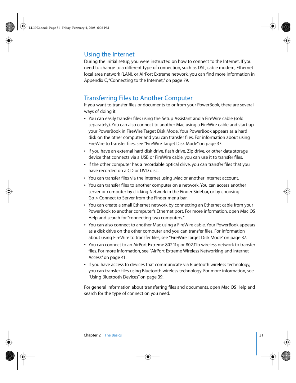 Using the internet, Transferring files to another computer | Apple PowerBook G4 (15-inch, 1.67/1.5 GHz) User Manual | Page 32 / 112