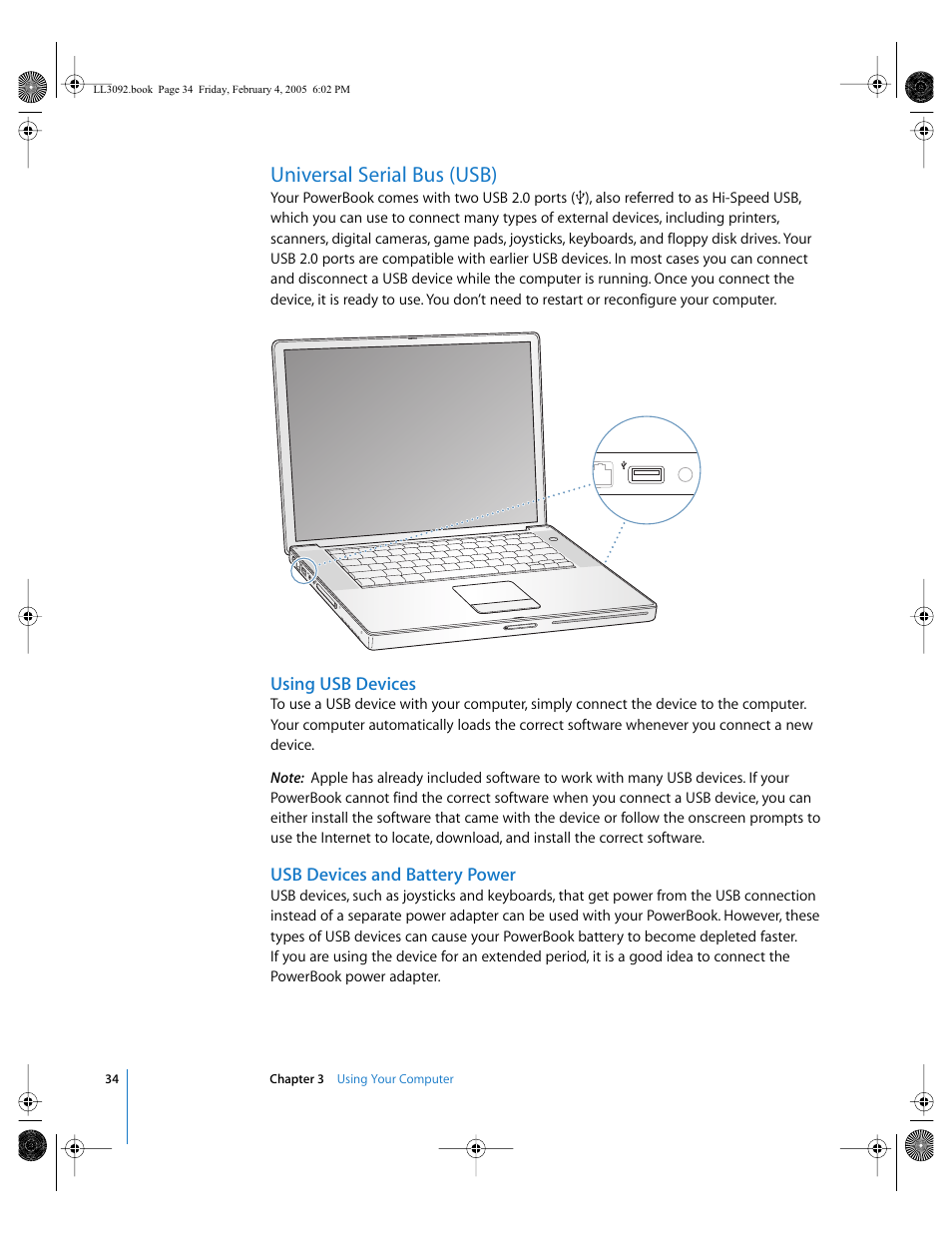 Universal serial bus (usb), Using usb devices, Usb devices and battery power | Apple PowerBook G4 (15-inch, 1.67/1.5 GHz) User Manual | Page 35 / 112