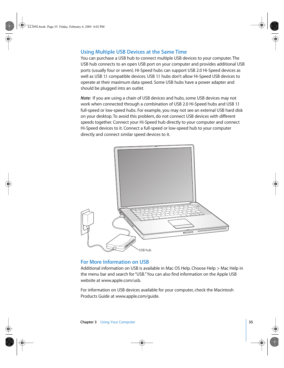 Multiple usb devices 35, Using multiple usb devices at the same time, For more information on usb | Apple PowerBook G4 (15-inch, 1.67/1.5 GHz) User Manual | Page 36 / 112