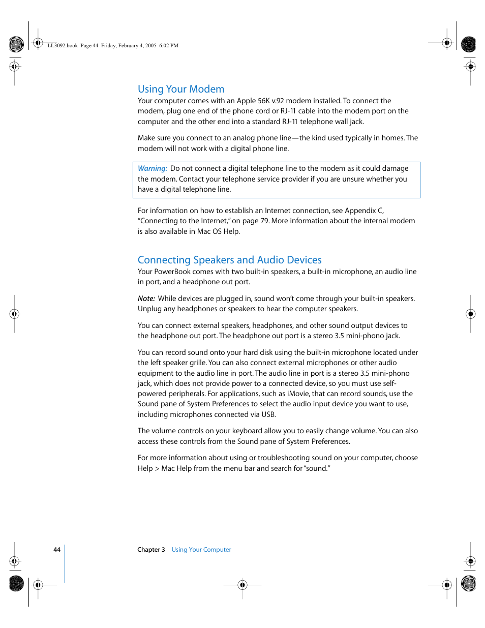 Using your modem, Connecting speakers and audio devices, Rj-11 cable 44 | Apple PowerBook G4 (15-inch, 1.67/1.5 GHz) User Manual | Page 45 / 112