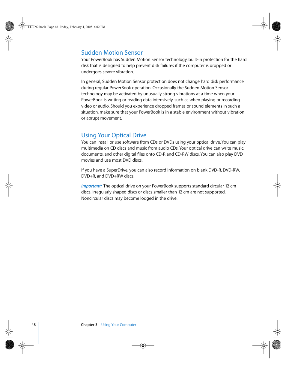 Sudden motion sensor, Using your optical drive, Disc sizes supported 48 | Cds 48 | Apple PowerBook G4 (15-inch, 1.67/1.5 GHz) User Manual | Page 49 / 112