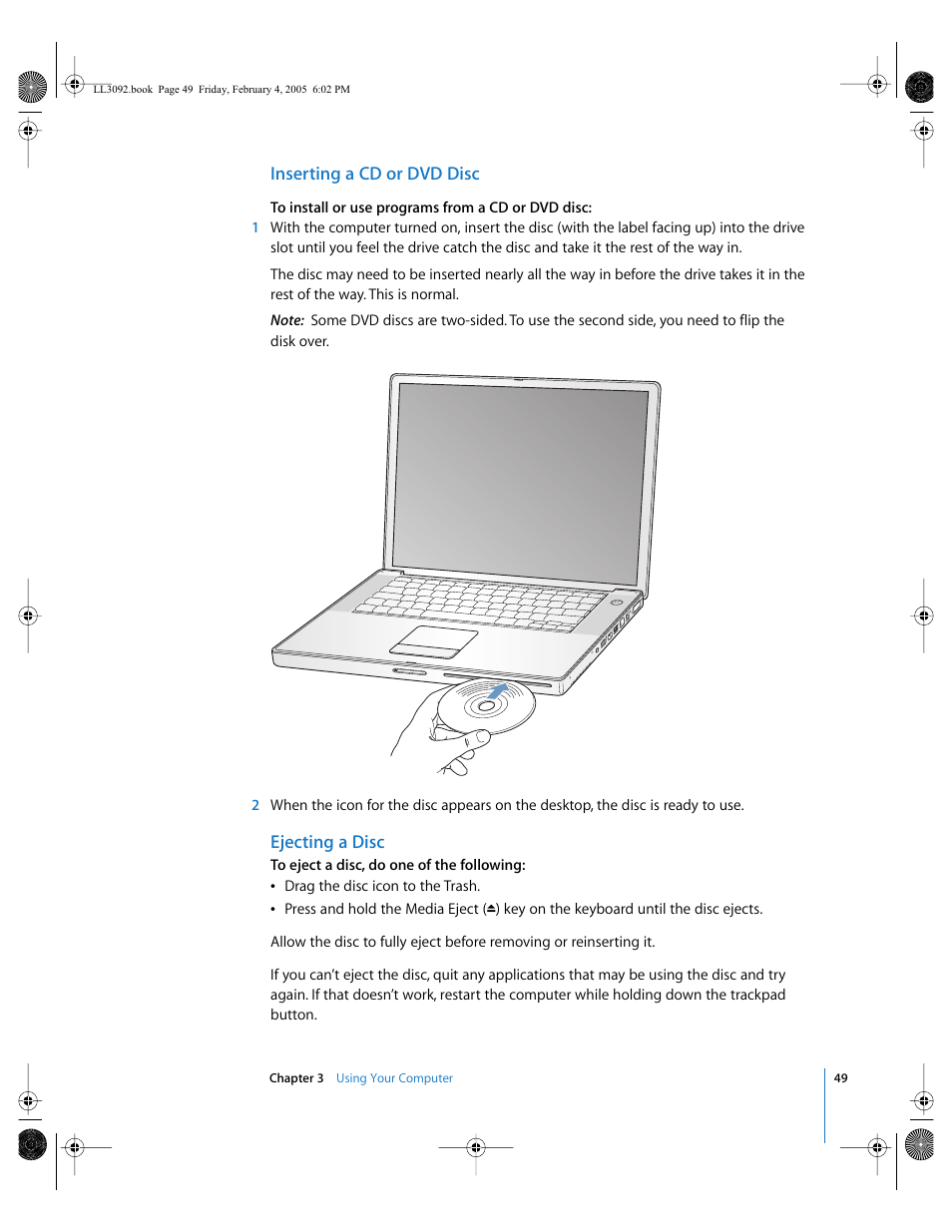 Inserting a cd or dvd disc, Ejecting a disc | Apple PowerBook G4 (15-inch, 1.67/1.5 GHz) User Manual | Page 50 / 112