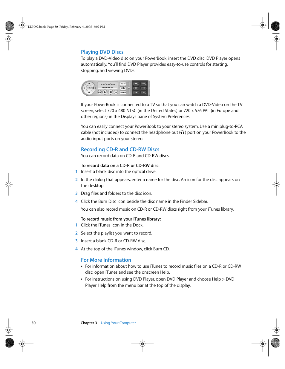 A video 50, Dvd-video discs 50, Cd-r 50 cd-rw 50 | Music 50 | Apple PowerBook G4 (15-inch, 1.67/1.5 GHz) User Manual | Page 51 / 112