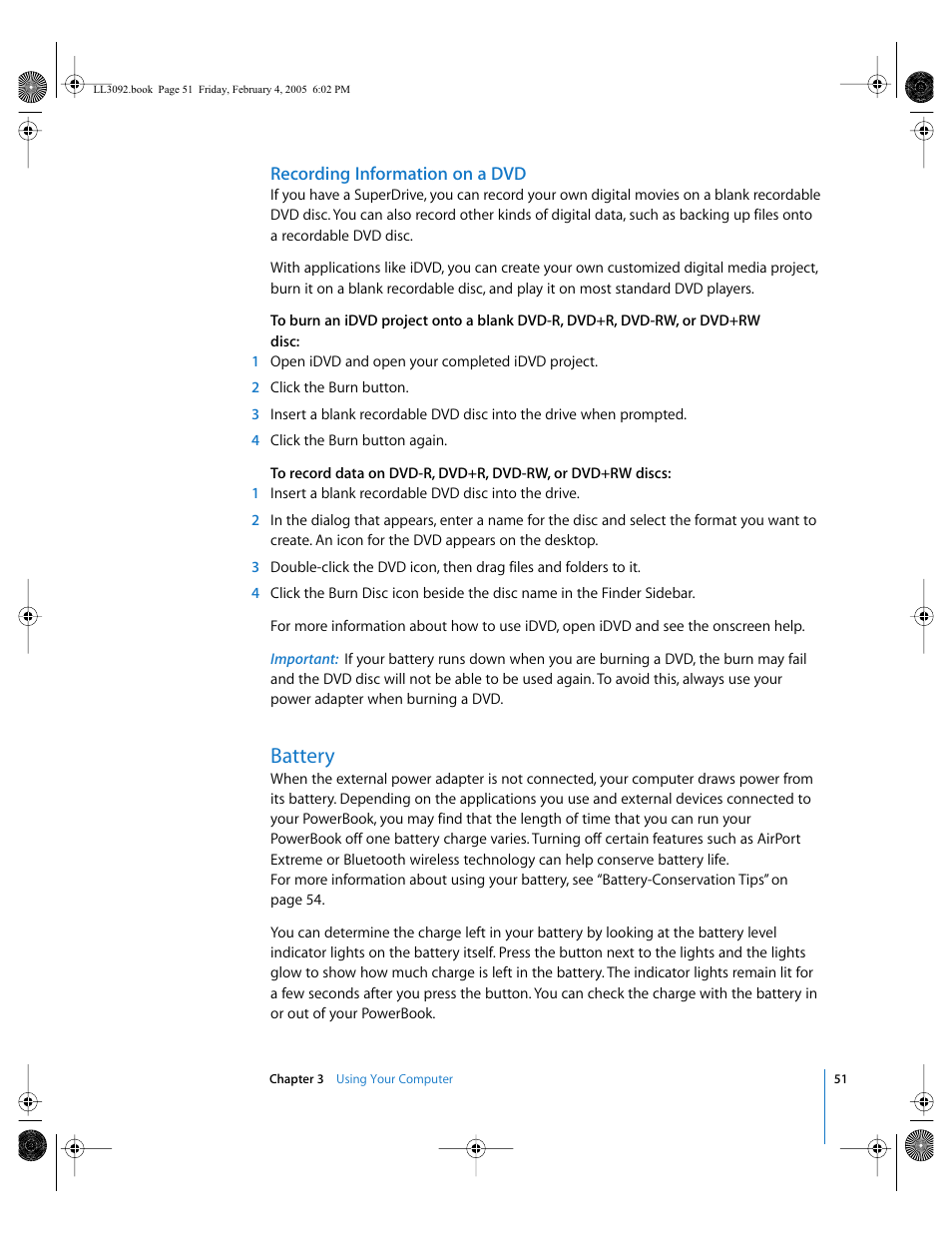 Battery, Dvd 51 | Apple PowerBook G4 (15-inch, 1.67/1.5 GHz) User Manual | Page 52 / 112