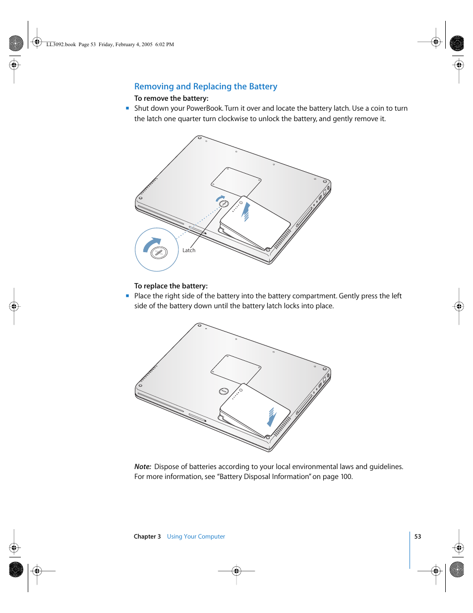 The battery 53, Replacing the battery 53, Removing and replacing the battery | Apple PowerBook G4 (15-inch, 1.67/1.5 GHz) User Manual | Page 54 / 112