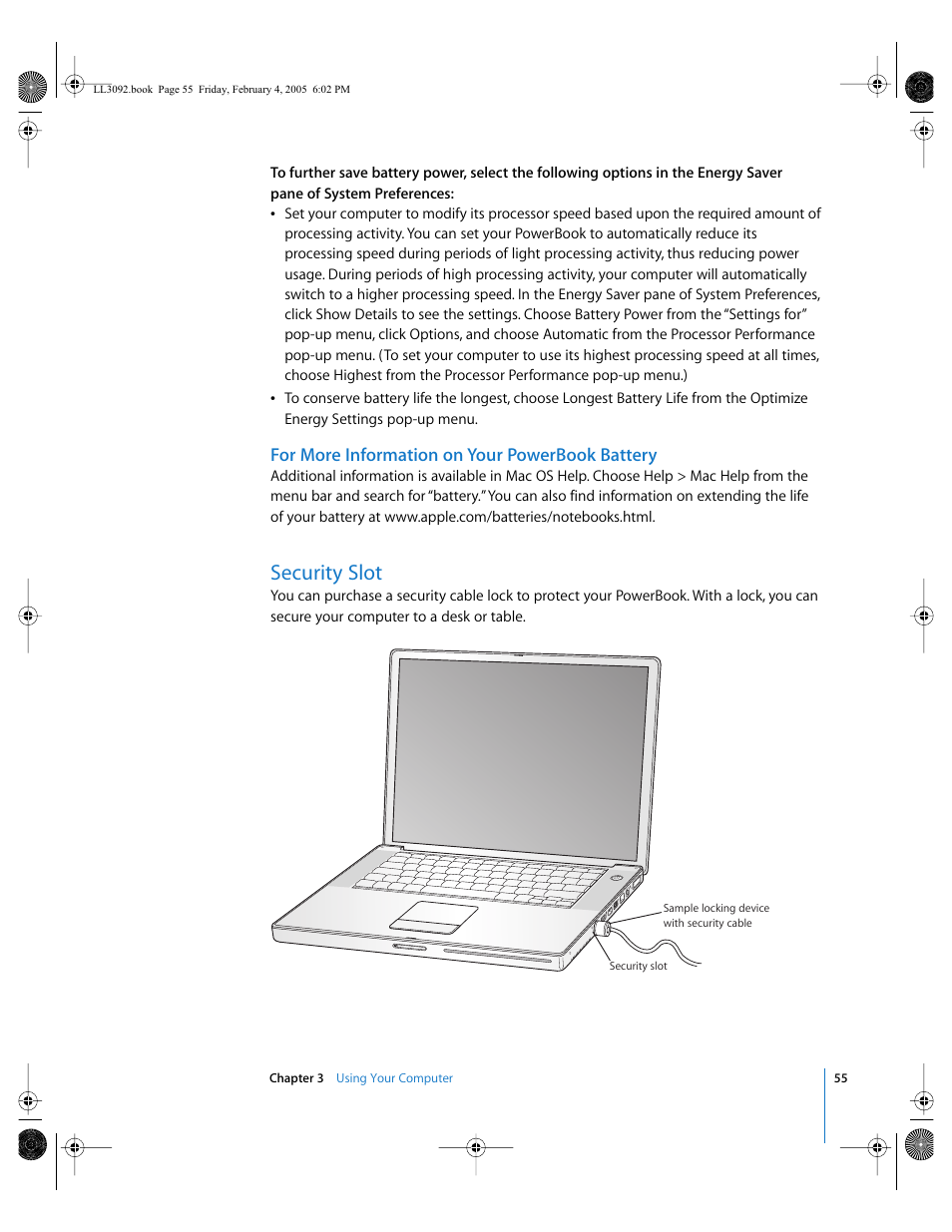 Security slot, For more information on your powerbook battery | Apple PowerBook G4 (15-inch, 1.67/1.5 GHz) User Manual | Page 56 / 112