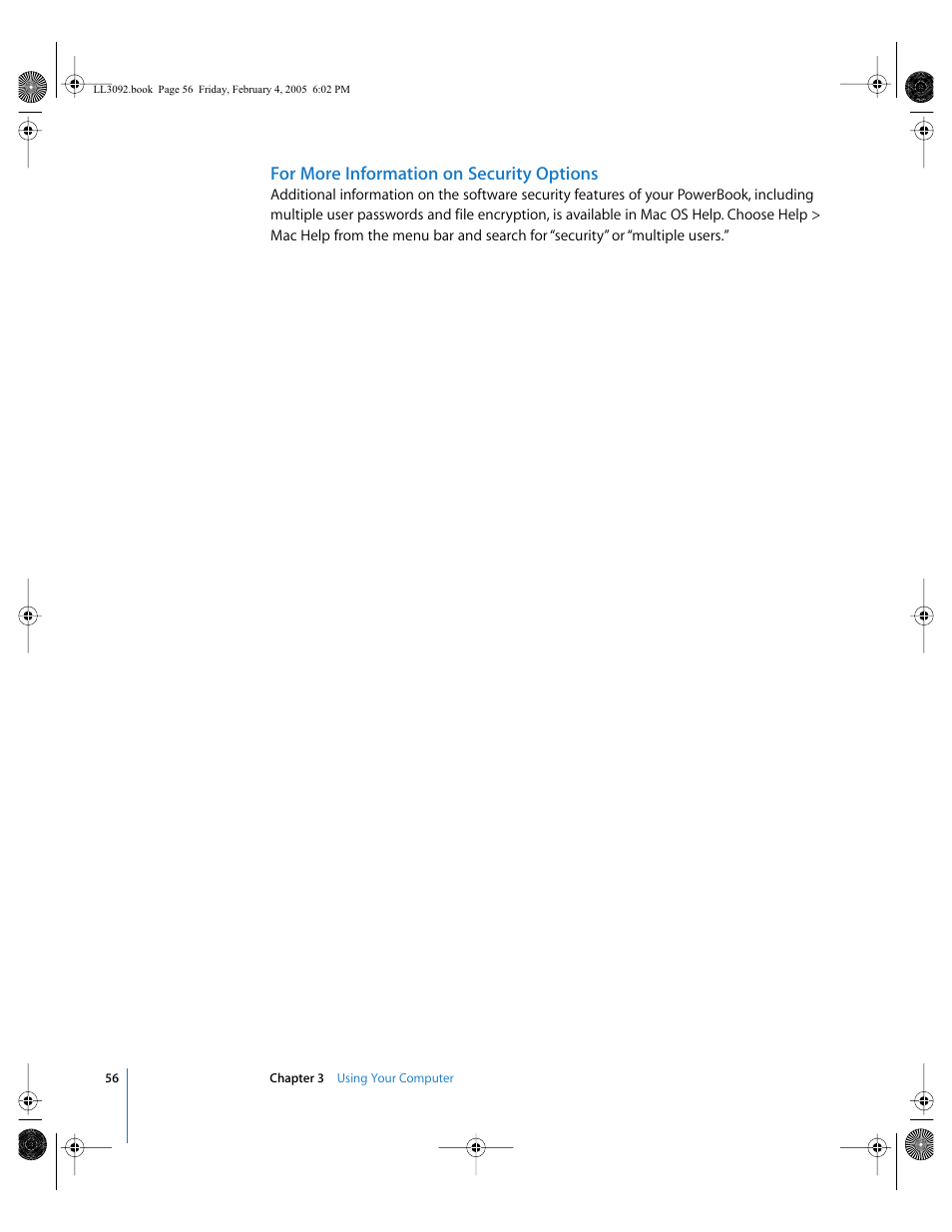 For more information on security options | Apple PowerBook G4 (15-inch, 1.67/1.5 GHz) User Manual | Page 57 / 112