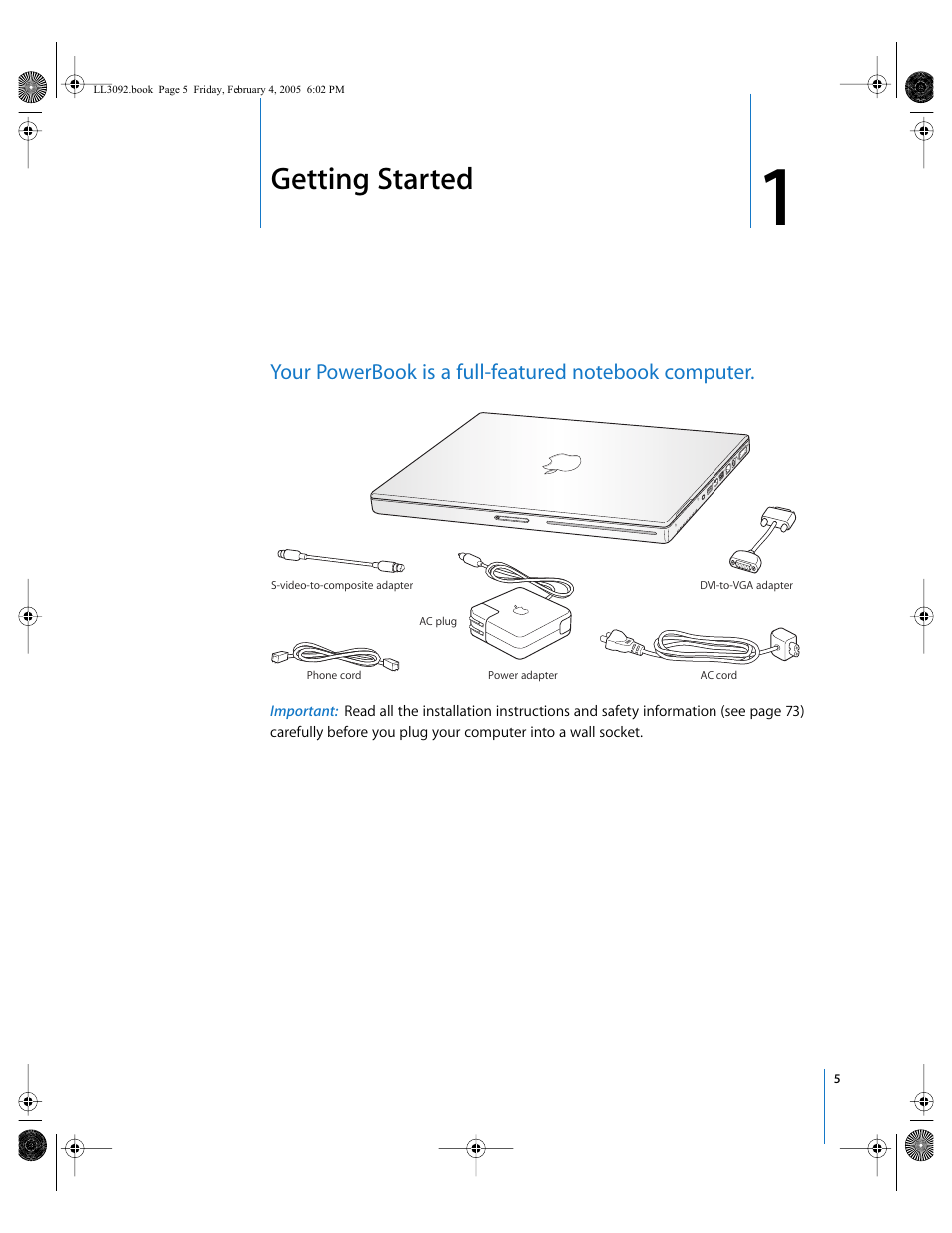 Getting started, Chapter 1 | Apple PowerBook G4 (15-inch, 1.67/1.5 GHz) User Manual | Page 6 / 112