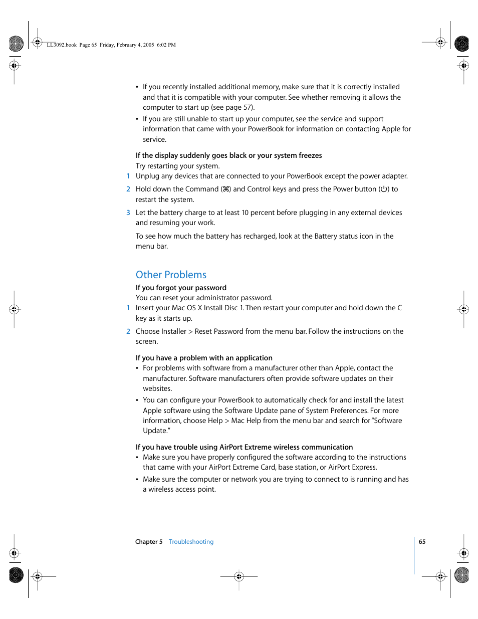 Other problems, Display goes black 65, Trouble using airport 65 | With an application 65, Resetting your password 65 | Apple PowerBook G4 (15-inch, 1.67/1.5 GHz) User Manual | Page 66 / 112