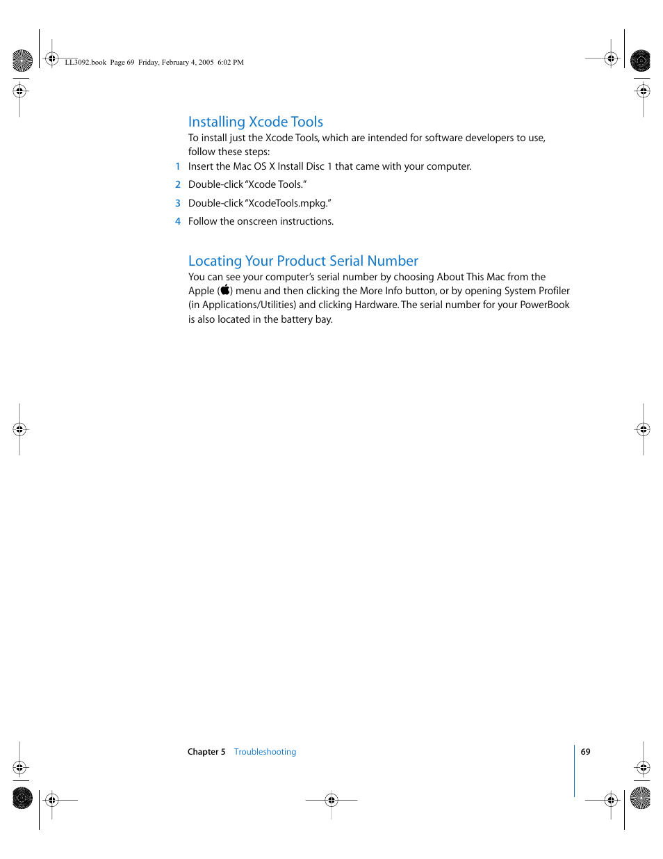 Installing xcode tools, Locating your product serial number, Serial number 69 | Apple PowerBook G4 (15-inch, 1.67/1.5 GHz) User Manual | Page 70 / 112