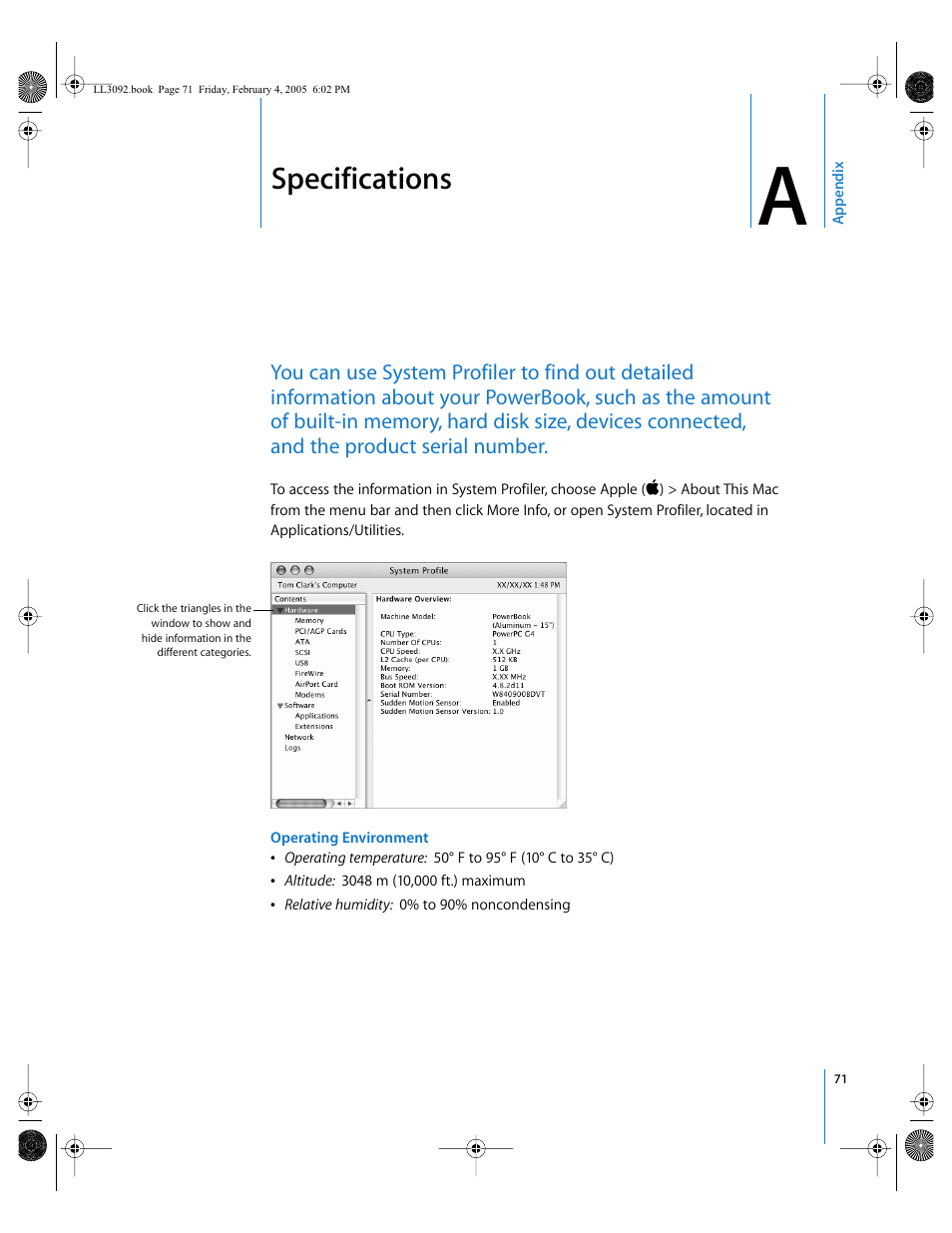 Specifications, Appendix a | Apple PowerBook G4 (15-inch, 1.67/1.5 GHz) User Manual | Page 72 / 112