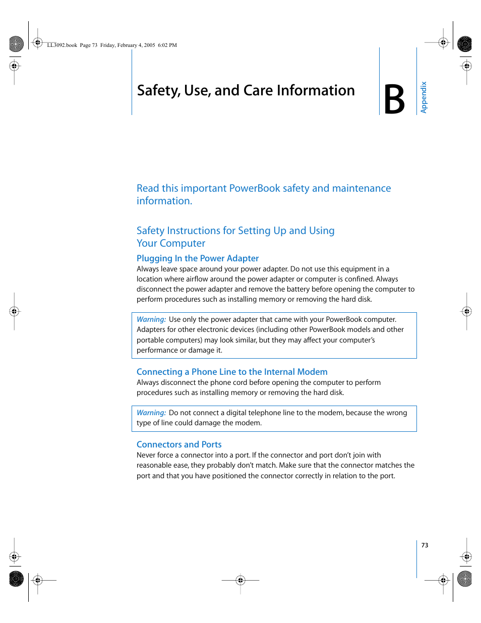 Safety, use, and care information, Power adapter 73, Appendix b | Apple PowerBook G4 (15-inch, 1.67/1.5 GHz) User Manual | Page 74 / 112