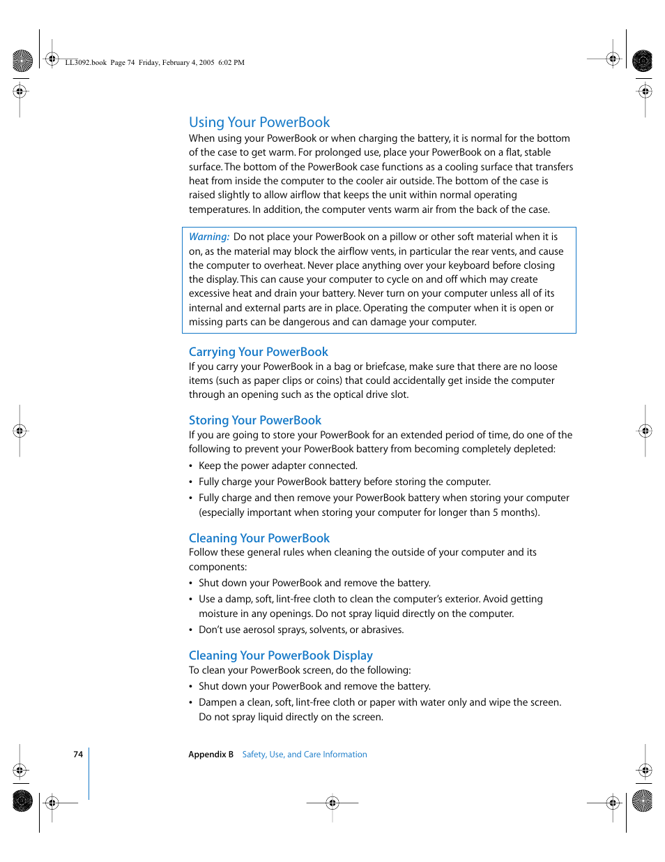 Using your powerbook, Using your powerbook 74 | Apple PowerBook G4 (15-inch, 1.67/1.5 GHz) User Manual | Page 75 / 112