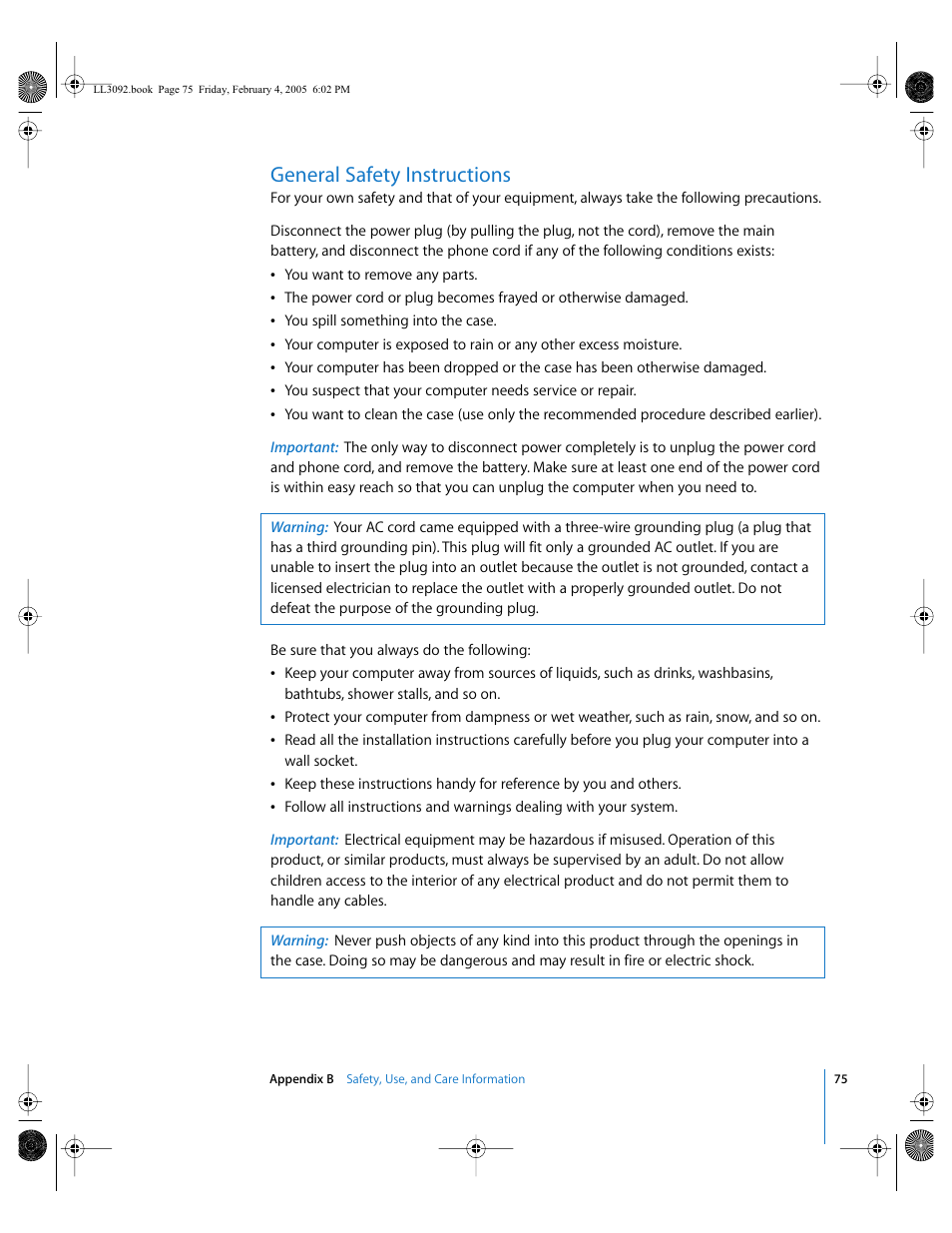 General safety instructions, Safety 75 | Apple PowerBook G4 (15-inch, 1.67/1.5 GHz) User Manual | Page 76 / 112