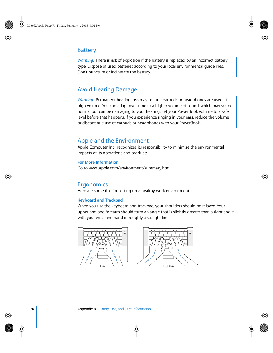 Battery, Avoid hearing damage, Apple and the environment | Ergonomics | Apple PowerBook G4 (15-inch, 1.67/1.5 GHz) User Manual | Page 77 / 112