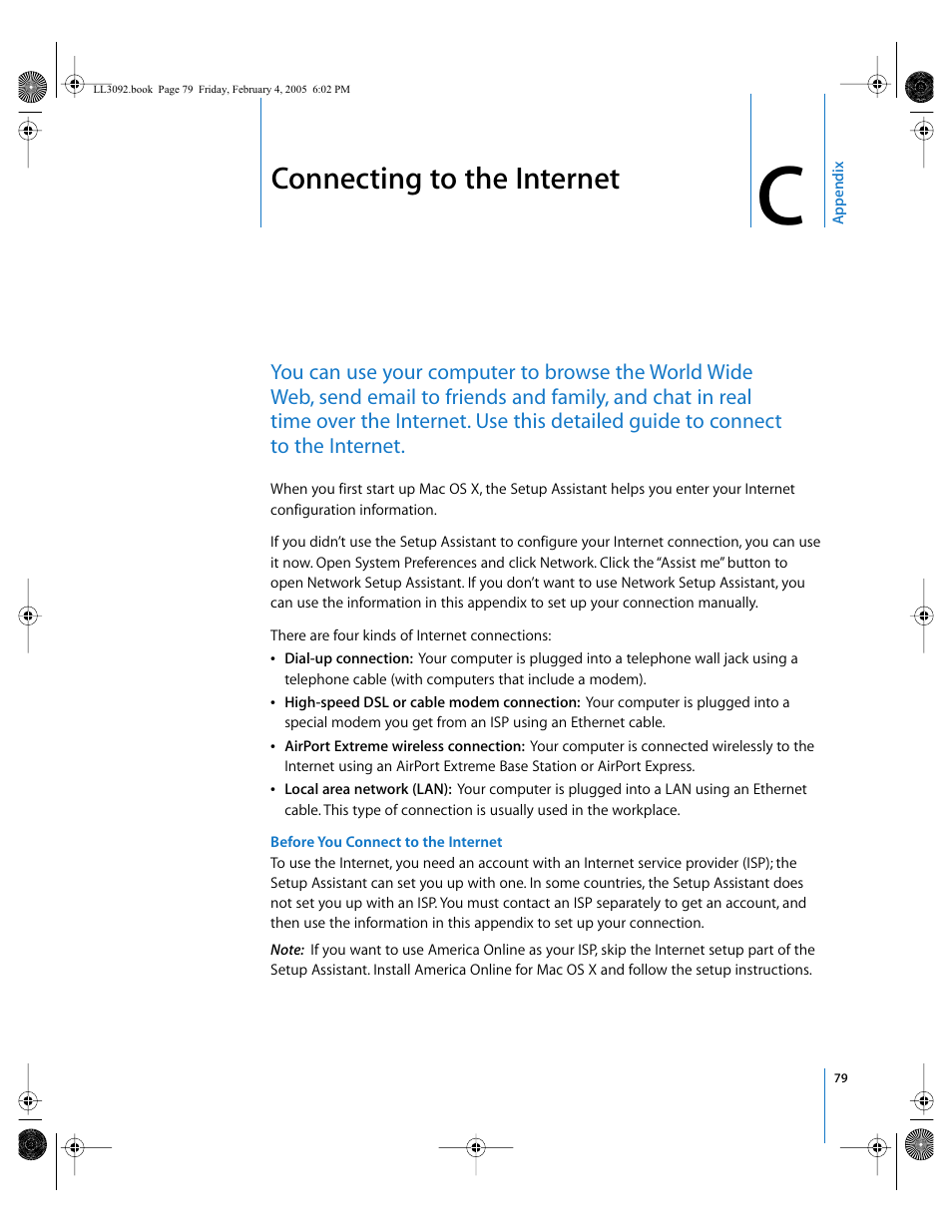 Connecting to the internet, Cable 79 dsl 79, Network setup assistant 79 | Appendix c | Apple PowerBook G4 (15-inch, 1.67/1.5 GHz) User Manual | Page 80 / 112