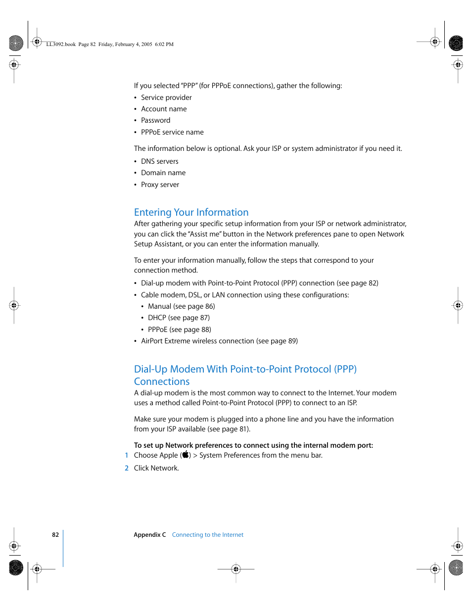 Entering your information, Point-to-point protocol 82, 84, 88, Pppoe 82 | To connect manually 82 | Apple PowerBook G4 (15-inch, 1.67/1.5 GHz) User Manual | Page 83 / 112