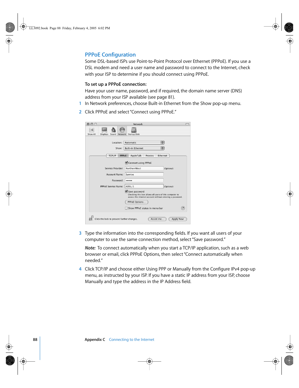 Configuration 88, Pppoe configuration | Apple PowerBook G4 (15-inch, 1.67/1.5 GHz) User Manual | Page 89 / 112