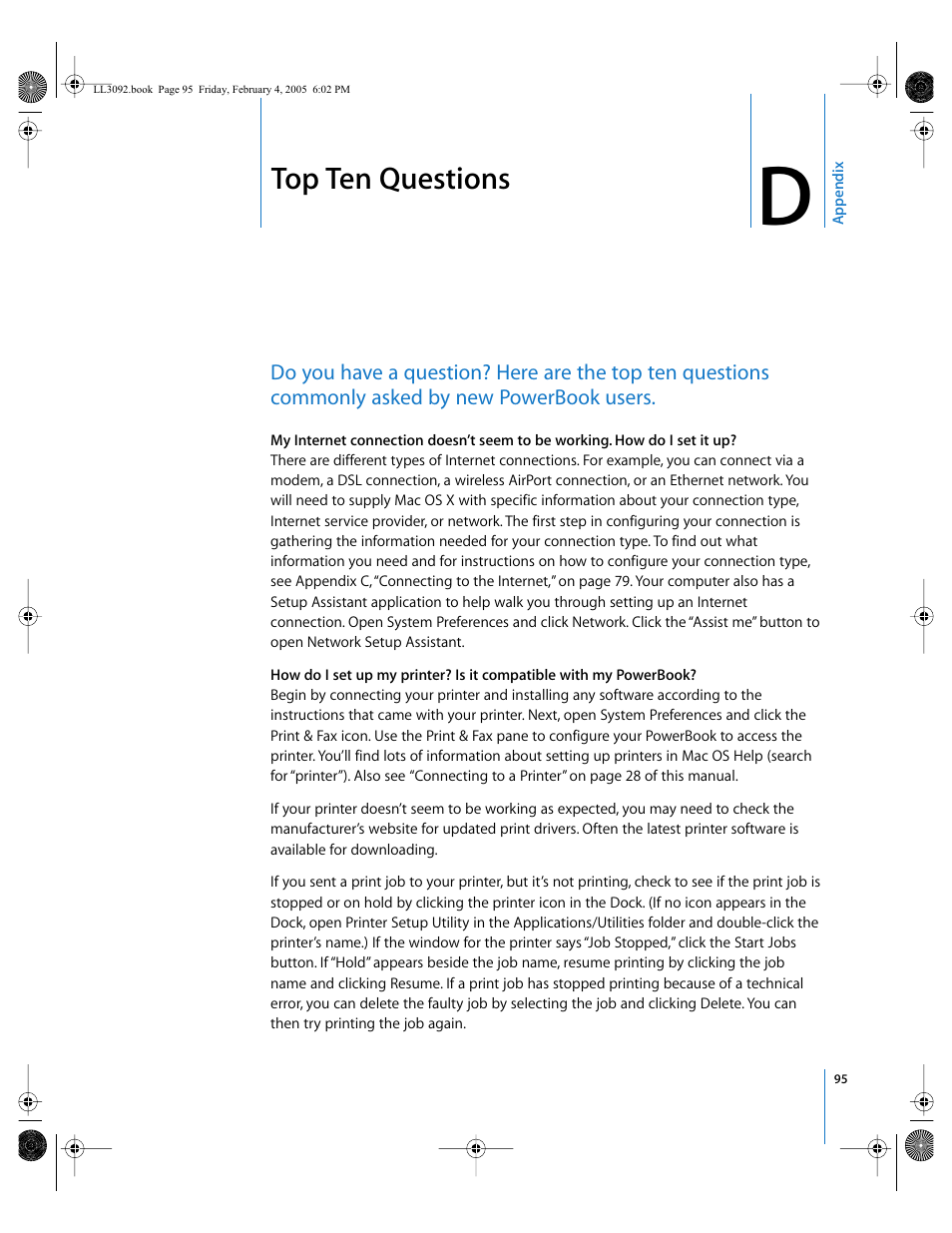 Top ten questions, Printer (tips) 95, Appendix d | Apple PowerBook G4 (15-inch, 1.67/1.5 GHz) User Manual | Page 96 / 112