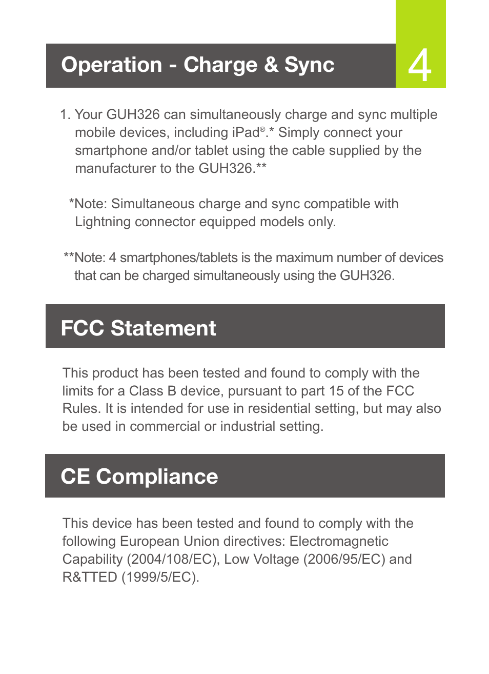 Operation - charge & sync, Ce compliance, Fcc statement | IOGear GUH326 User Manual | Page 5 / 6
