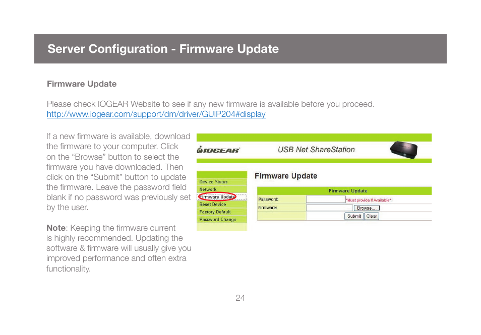 Server configuration - firmware update | IOGear GUIP204 v2 User Manual | Page 24 / 44