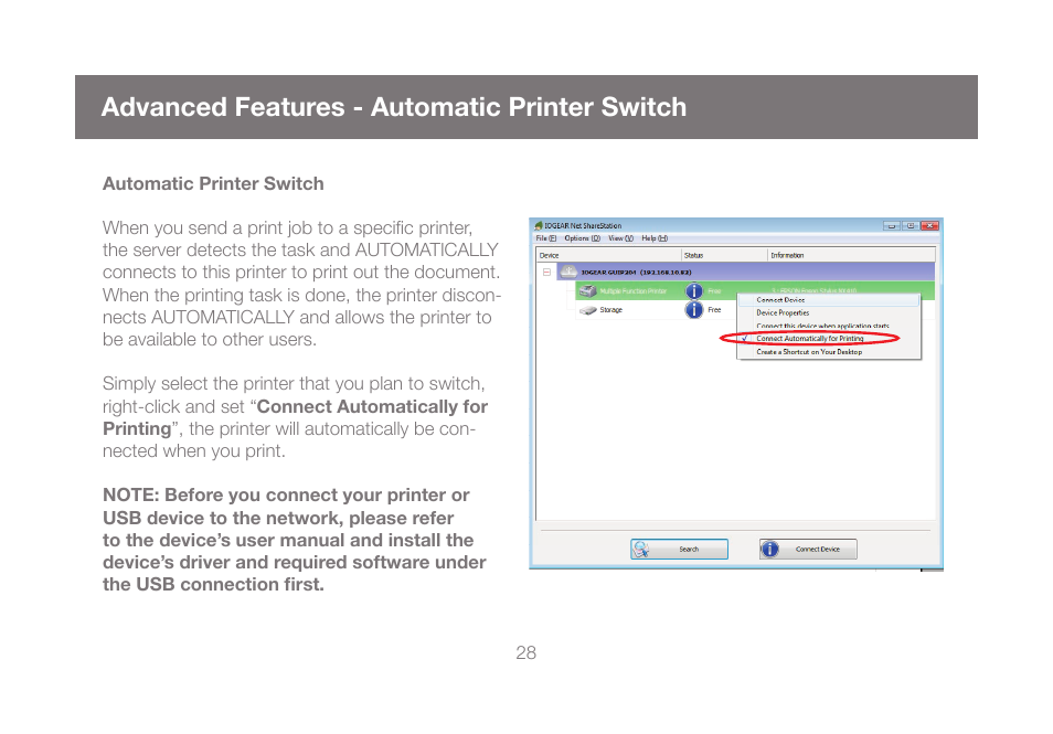 Advanced features - automatic printer switch | IOGear GUIP204 v2 User Manual | Page 28 / 44