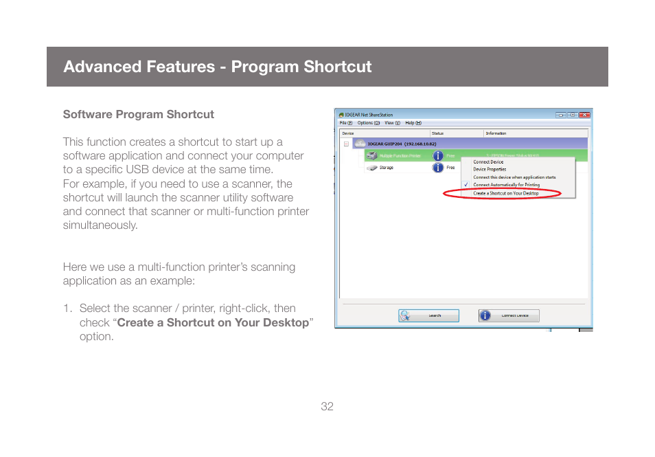 Advanced features - software program shortcut, Advanced features - program shortcut | IOGear GUIP204 v2 User Manual | Page 32 / 44