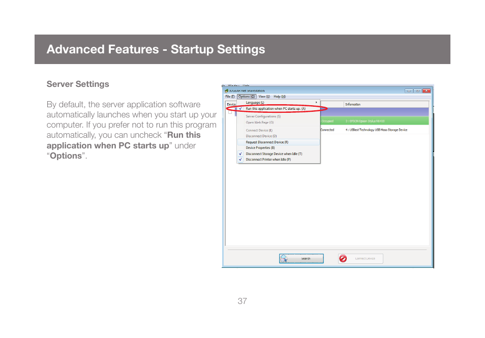 Advanced features - computer startup settings, Advanced features - startup settings | IOGear GUIP204 v2 User Manual | Page 37 / 44