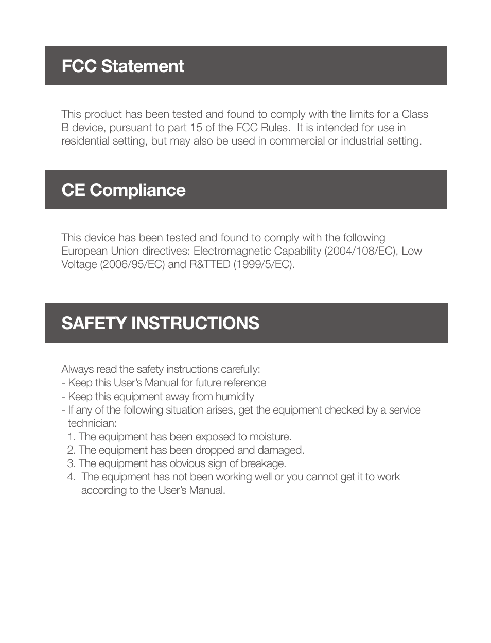 Safety instructions, Fcc statement, Ce compliance | IOGear GUN262WE User Manual | Page 7 / 8