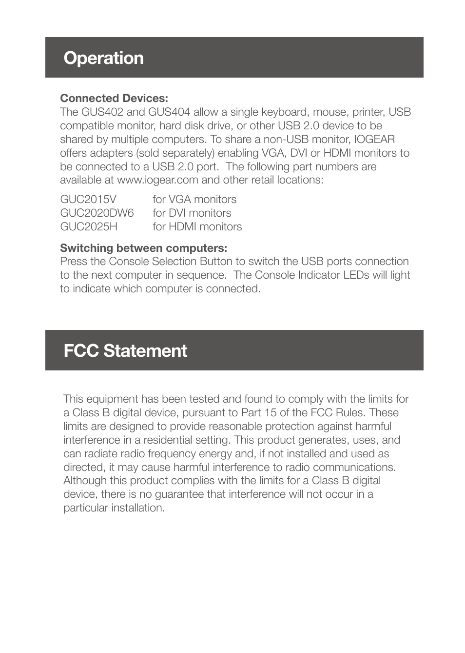 Operation fcc statement | IOGear GUS404 User Manual | Page 5 / 6