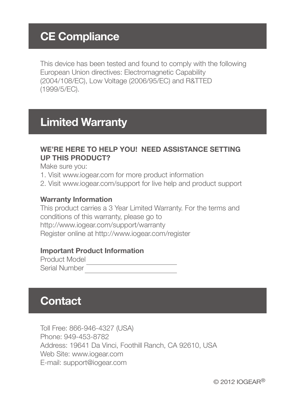 Ce compliance limited warranty, Contact | IOGear GUS404 User Manual | Page 6 / 6