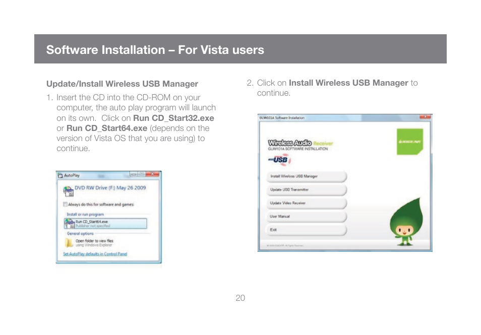 Software installation – for vista users, Update/install wireless usb manager | IOGear GUW101A User Manual | Page 20 / 72