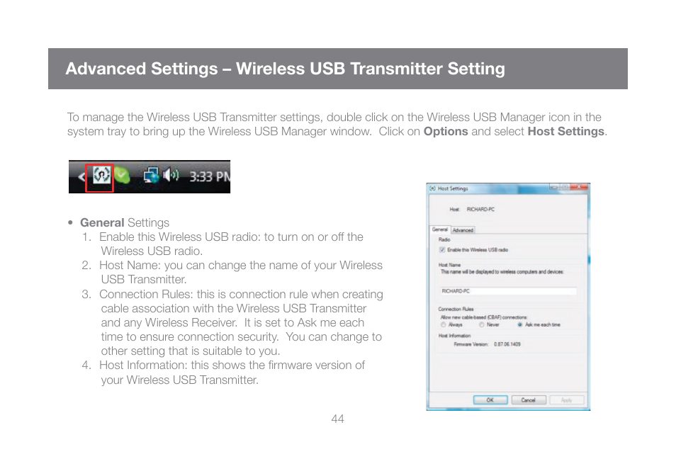 Advanced settings – wireless usb, Transmitter setting | IOGear GUW101A User Manual | Page 44 / 72