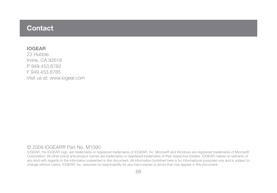 Contact | IOGear GUW101A User Manual | Page 68 / 72