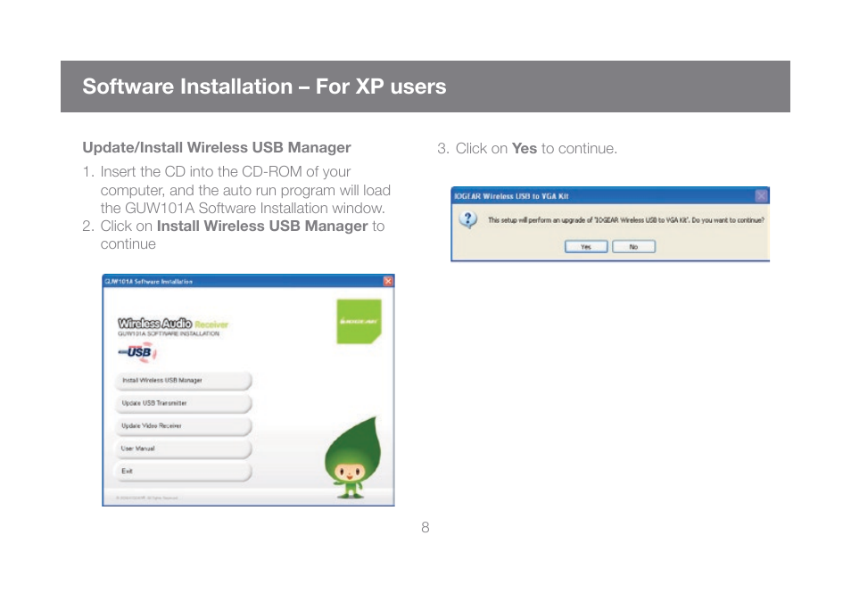 Software installation – for xp users, Update/install wireless usb manager | IOGear GUW101A User Manual | Page 8 / 72