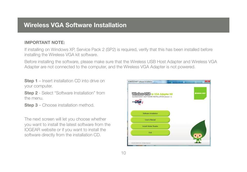 Wireless vga software installation | IOGear GUW2015VKIT User Manual | Page 10 / 44