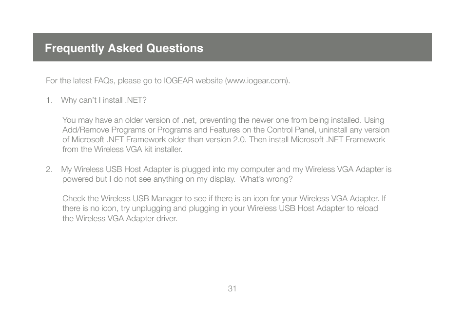 Frequently asked questions | IOGear GUW2015VKIT User Manual | Page 31 / 44