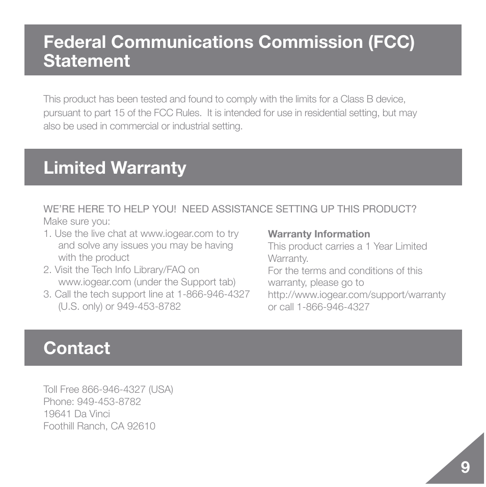 Contact | IOGear GUWAVKIT2 User Manual | Page 10 / 12