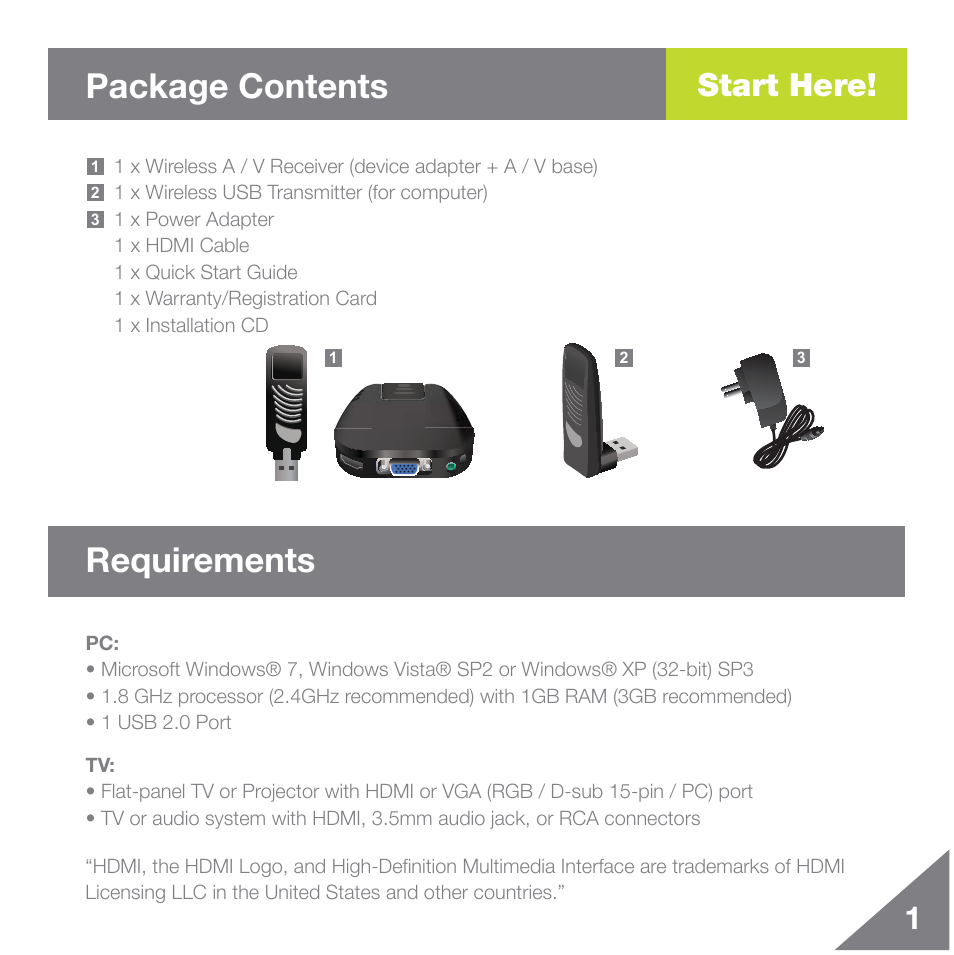 Package contents requirements, Start here | IOGear GUWAVKIT3 User Manual | Page 2 / 12