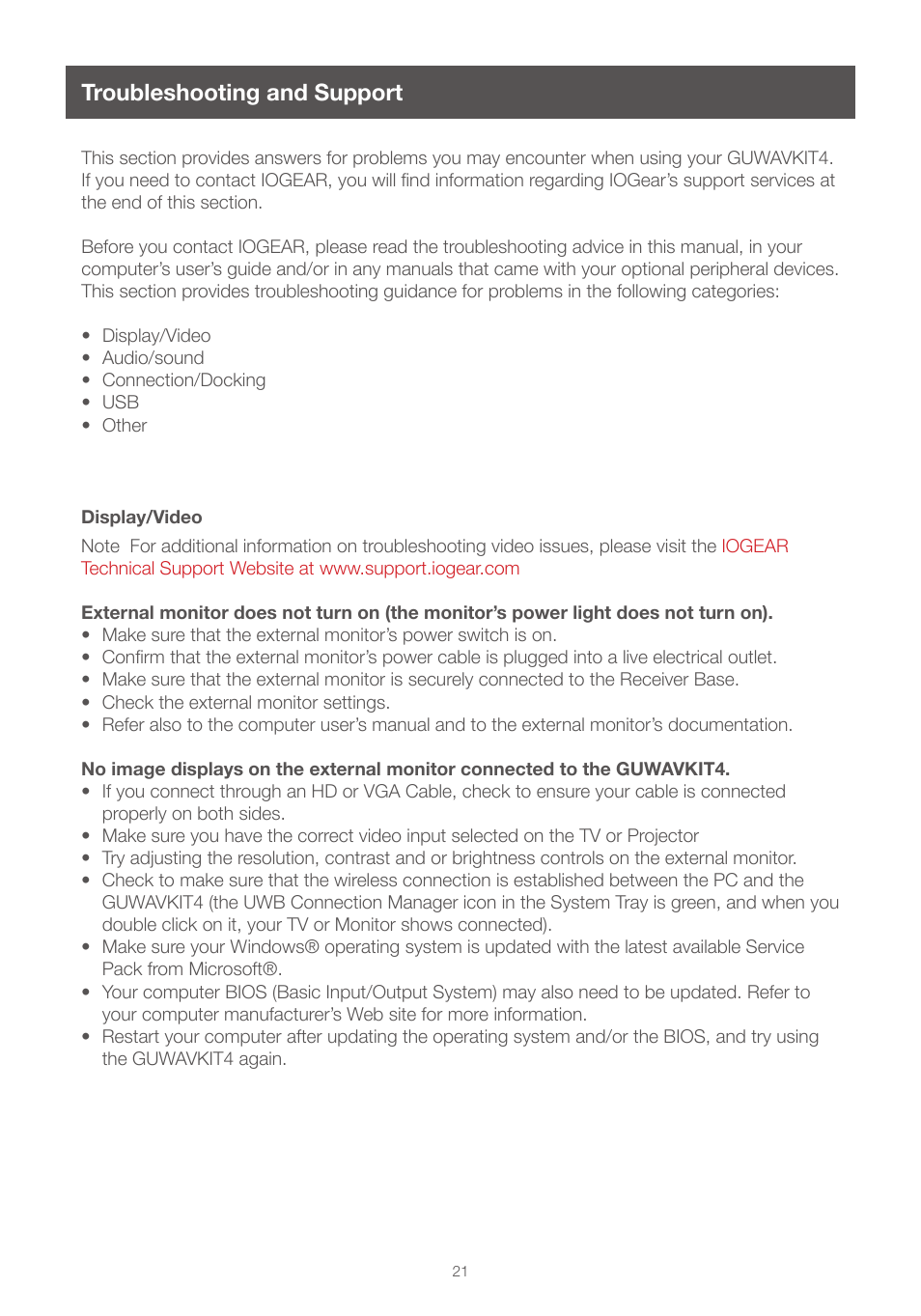 Troubleshooting and support | IOGear GUWAVKIT4 For Windows User Manual | Page 21 / 28