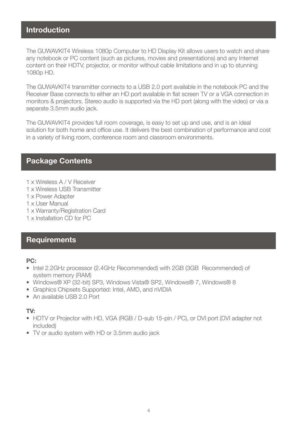 Introduction, Package contents, Requirements | Package contents requirements | IOGear GUWAVKIT4 For Windows User Manual | Page 4 / 28