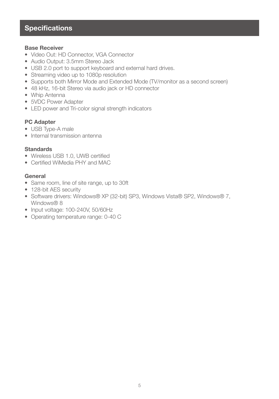 Specifications | IOGear GUWAVKIT4 For Windows User Manual | Page 5 / 28