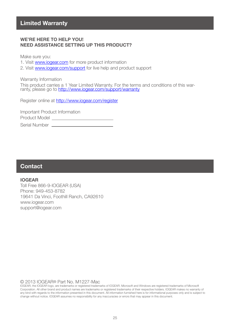 Limited warranty, Contact, Contact limited warranty | IOGear GUWAVKIT4 For Mac User Manual | Page 25 / 28