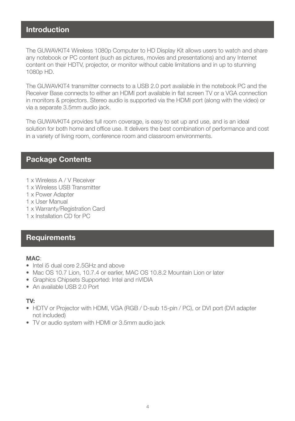 Introduction, Package contents, Requirements | Package contents requirements | IOGear GUWAVKIT4 For Mac User Manual | Page 4 / 28