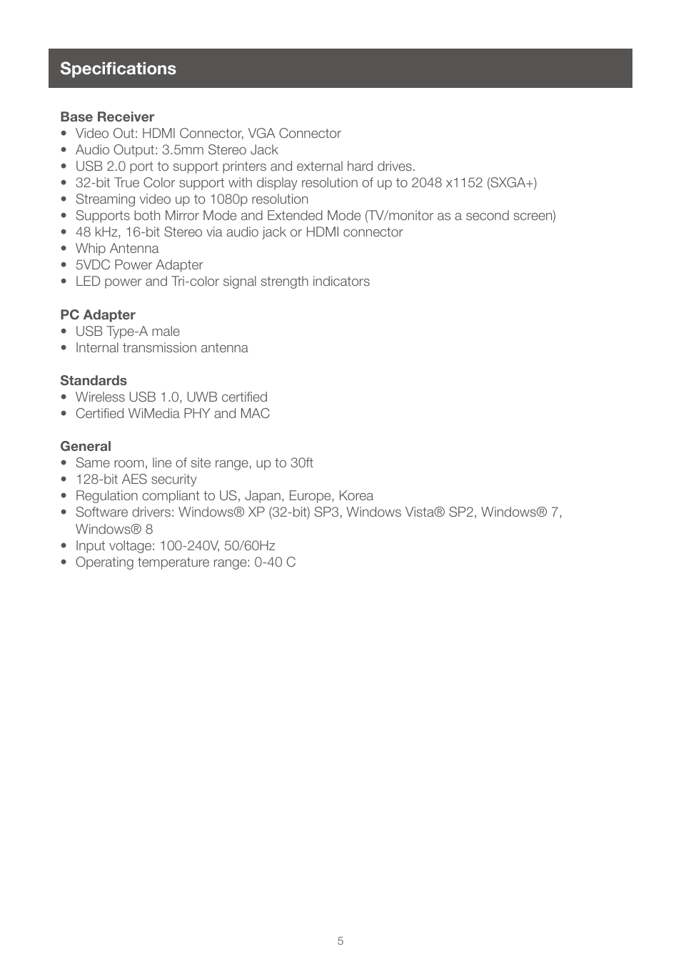 Specifications | IOGear GUWAVKIT4 For Mac User Manual | Page 5 / 28
