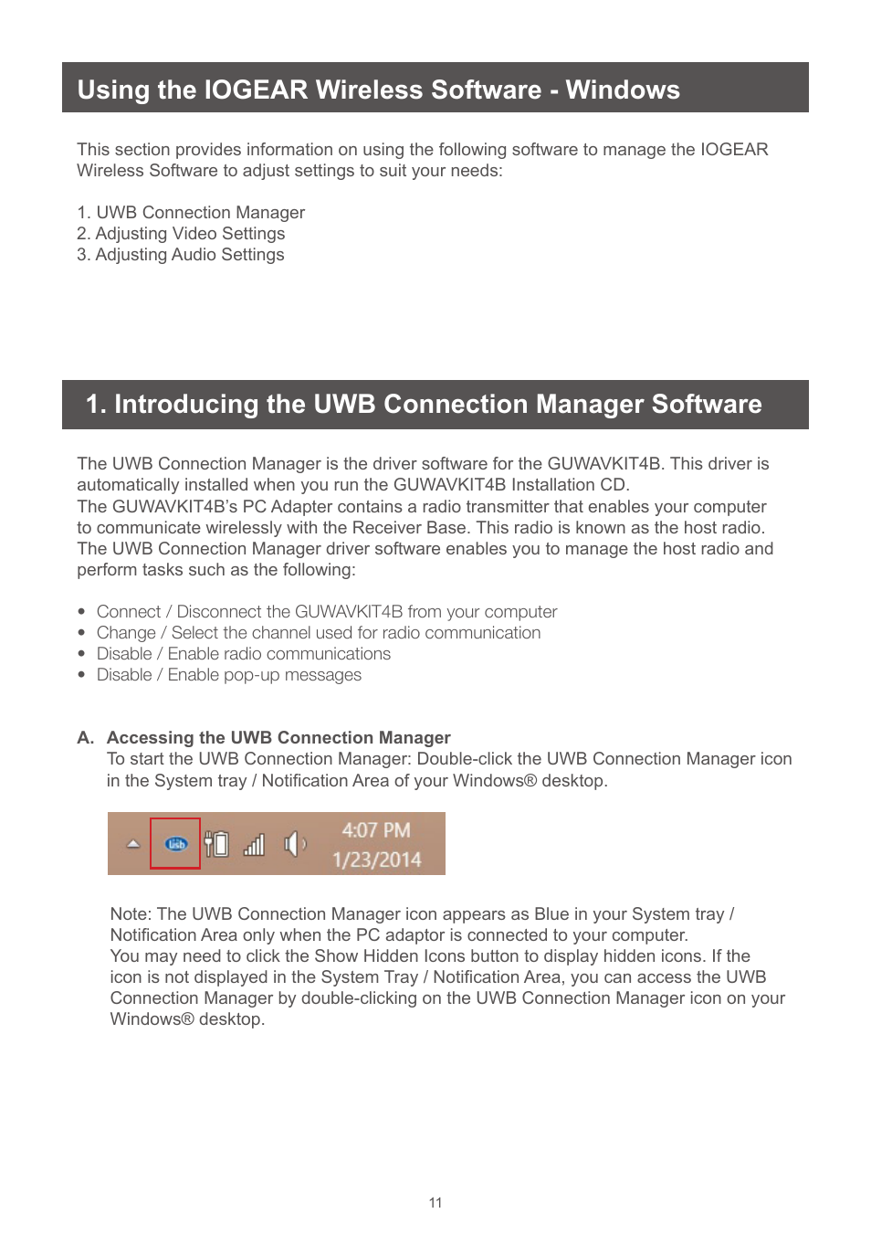 Using the iogear wireless software - windows, Introducing the uwb connection manager software | IOGear GUWAVKIT4B User Manual | Page 11 / 28